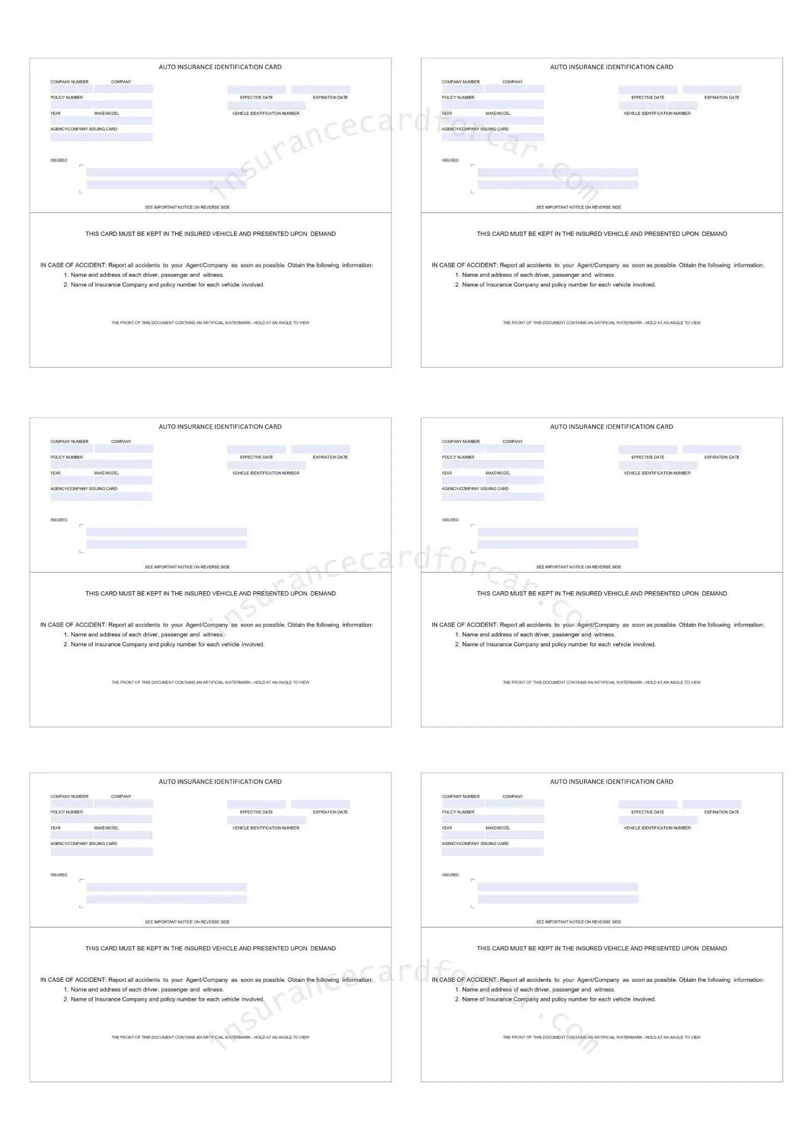 Most states require drivers to keep their auto insurance card in their vehicle at all times. Auto Insurance Card Template